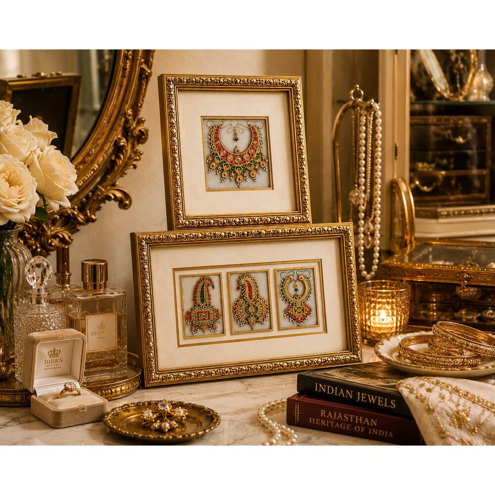22K Gold Leaf Meenakari Jewelry Art Set India Framed Marble Miniature Paintings